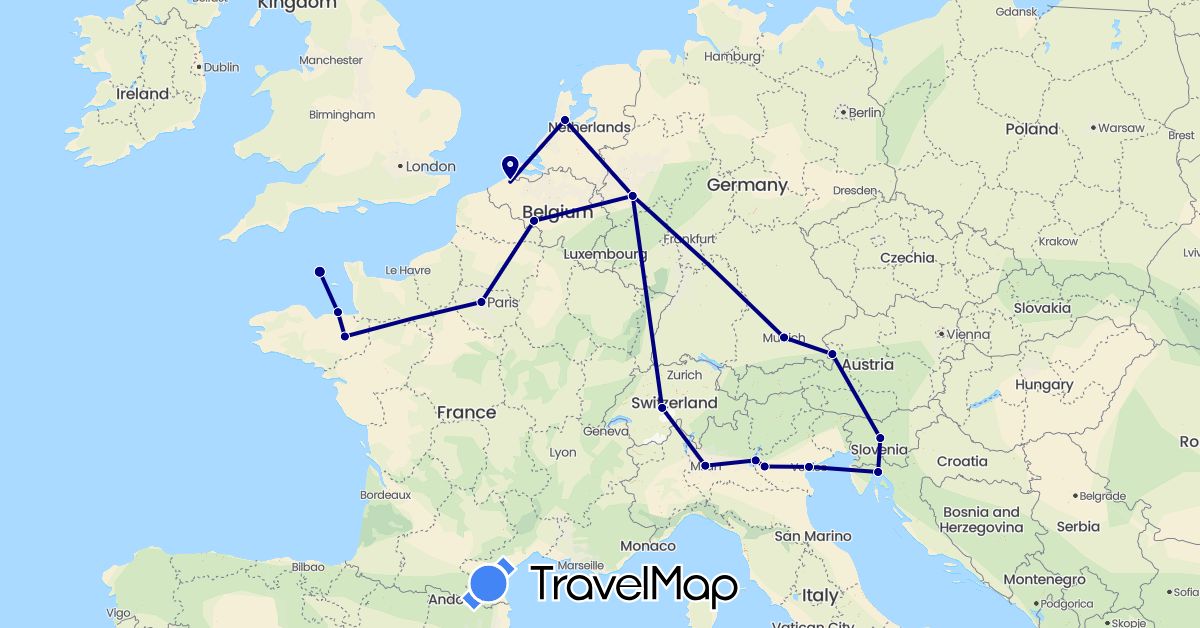 TravelMap itinerary: driving in Austria, Belgium, Switzerland, Germany, France, Guernsey, Croatia, Italy, Netherlands, Slovenia (Europe)